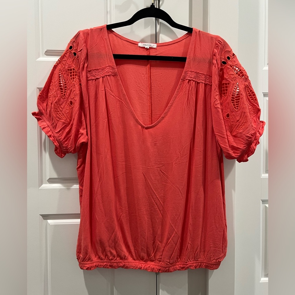 Maurices Coral Blouse with Eyelet Sleeves